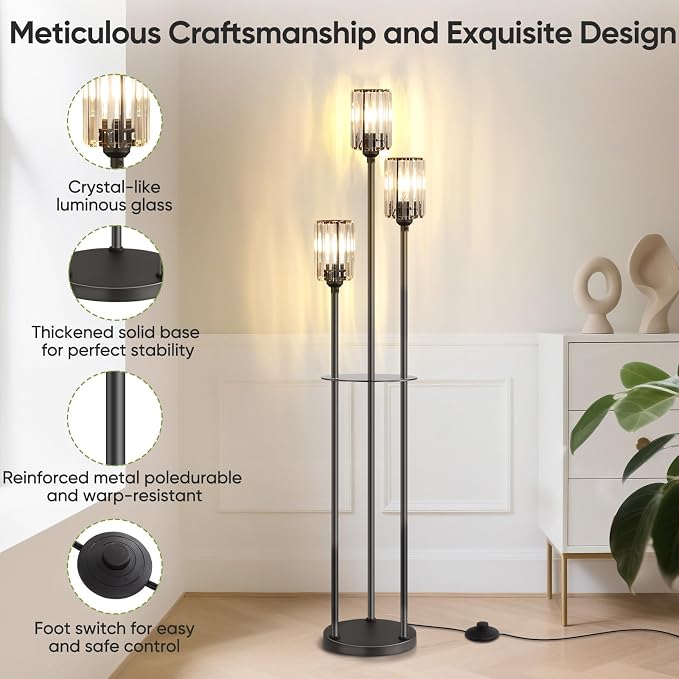 Crystal Floor Lamp for Living Room with Shelves, Industrial Modern Standing Black Lamp with Table for Bedroom, Glass Vintage Unique Tall 3-Lights Fancy Lamp with ON/Off Foot Switch Gold
