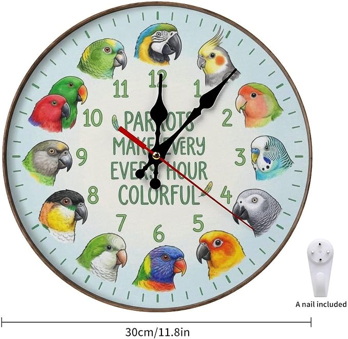 Exotic Bird Wooden Wall Clock Silent Non Ticking 10/12 Inch Decor for Kids Room Playroom Classroom Office Animal Lover Gift Battery Powered Wall Art
