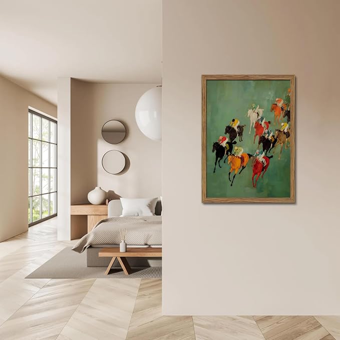 Framed Vintage Abstract Wall Art, Retro Horse Racing Scene Poster Prints, Modern Classic Equestrian Canvas Artwork, Energetic Vibrant Sports Wall Decor for Living Room Office Game Room 16x24in