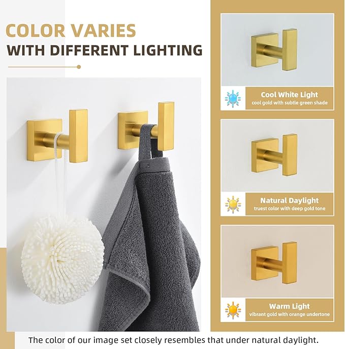 Angle Simple Towel Hooks for Bathroom, SUS304 Stainless Steel Square Robe Coat Wall Hooks, Hand Towel Holder, Brushed Dark Gold, 2 Pack