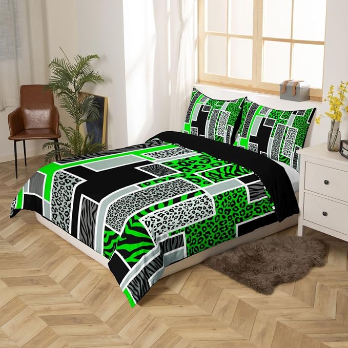 Erosebridal Leopard Zebra Print Duvet Cover Twin Green Black Grey Geometric Patchwork Bedding Set Rustic Animal Skin Texture Comforter Cover for Kids Teen Adults,Jungle Wildlife Bed Set