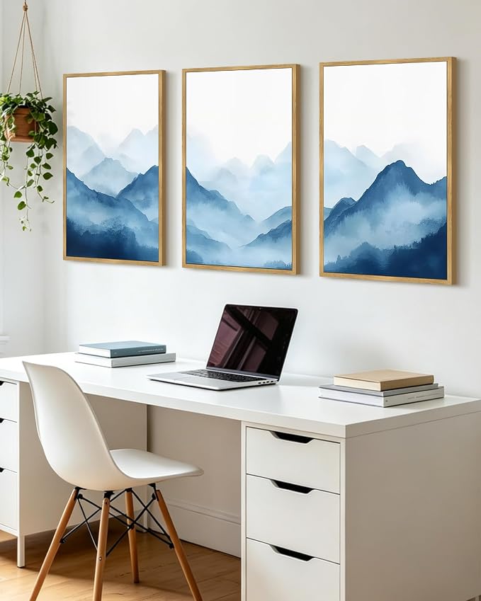 KUVIOKE Blue Watercolor Mountains in Fog Framed Wall Art Wilderness Nature Landscape Painting Rustic Scenic Relax Cool Room Decor for Bedroom Dining Room 24x36in (Natural Framed)