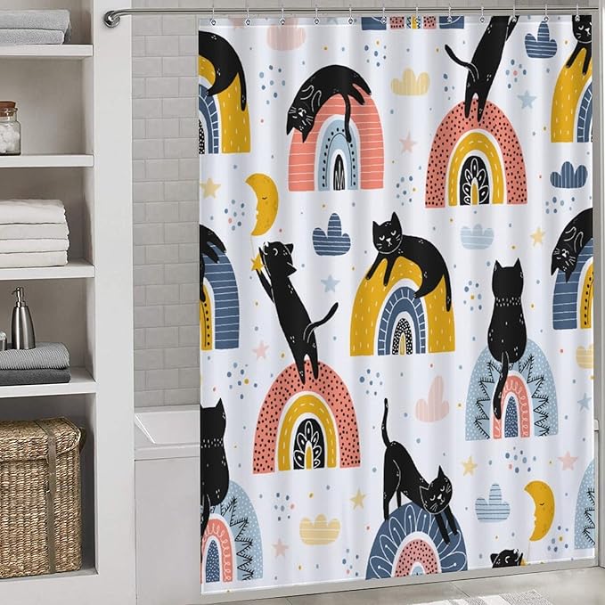 Boho Cats Shower Curtain Colorful Rainbow Black Cats Fantasy Pattern Duty Fabric Shower Curtains Set Bathroom Polyester Waterproof with 12 Hooks, 66x72Inch（168x183cm）