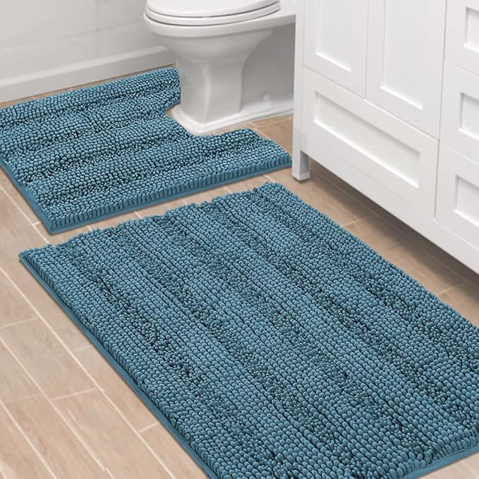 H.VERSAILTEX Bathroom Rugs Bath Rug Set 2 Piece Bathroom Contour Rug Toilet Mat Sets Non Slip Contour Bath Rug Ultra Thick Water Absorbent Striped Bath Mats(36" x 24" Plus 20" x 24" U, Turquoise Blue)