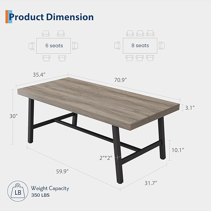 GarveeHome Industrial Dining Table for 6-8 People, 70.87" Long Wooden Kitchen Table with Sturdy Metal Frame & Walnut Finish, Seats 6 Rectangular Counter for Dinner, Kitchen, Dining Room-Grey Walnut