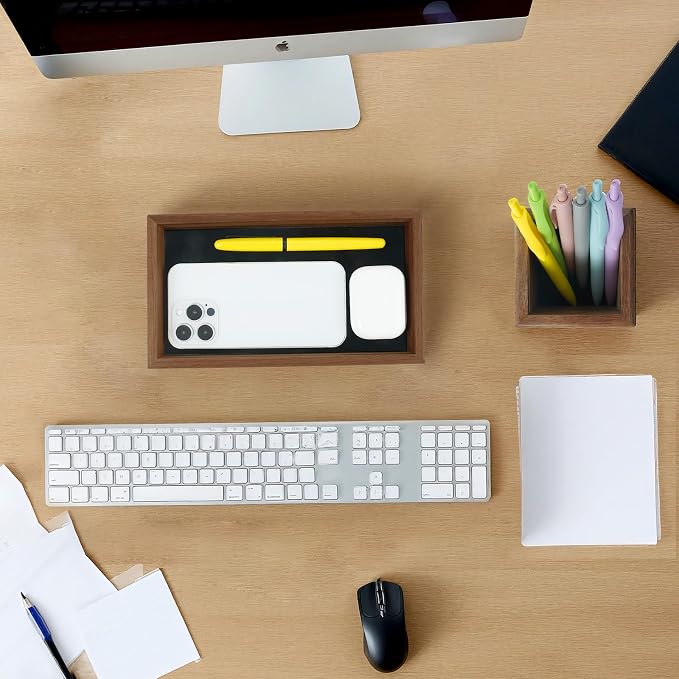 Wooden Pencil Holder with Desk Drawer Organizer Tray, Silicone Anti-Slip Pen Holder Set Aesthetic Desk Accessories for Office Home Supplies