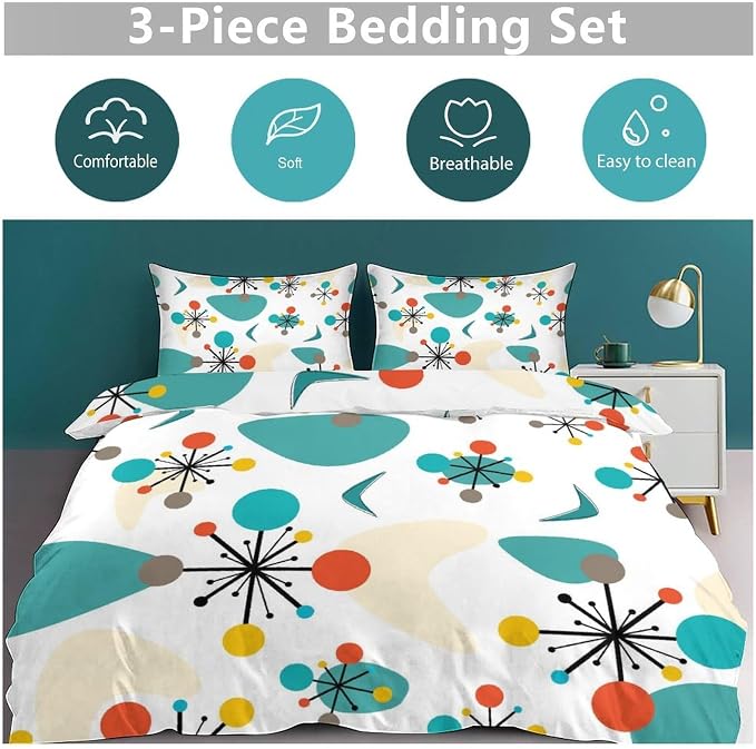 Mid Century Bedding Set,1950s 1960s Vintage Atomic Abstract Green Geometric Pattern Comforter Set with Pillowcase for Bedroom Bed Decor,Queen 90"x90"