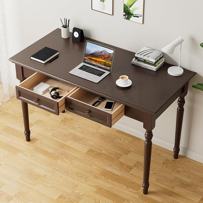ADORZ Walnut Desk with Drawers, 47 Inch French Country Desk Solid Wood Writing Desk for Home Office, Study Workspace or Bedroom (Walnut, 47 inches)