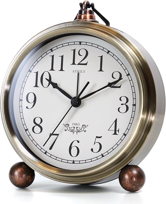 AYRELY® 5.3" Vintage Analog Alarm Clock, Battery Operated Metal Desk Clock, Retro Table Clock with Light for Living Rooms, Bedrooms, Shelf, Home Decor (Gold)
