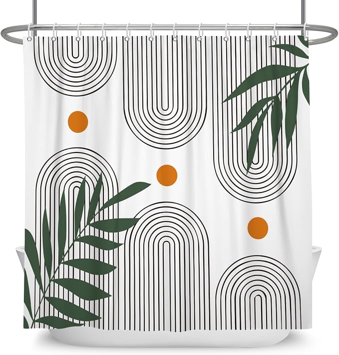 Boho Mid Century Shower Curtain Bohemian Minimalist Geometric Arch Sun Bathroom Curtain Sage Green Plant Polyester Shower Curtain Sets for Bathroom Extra Long 72x72 in with 12 Hooks