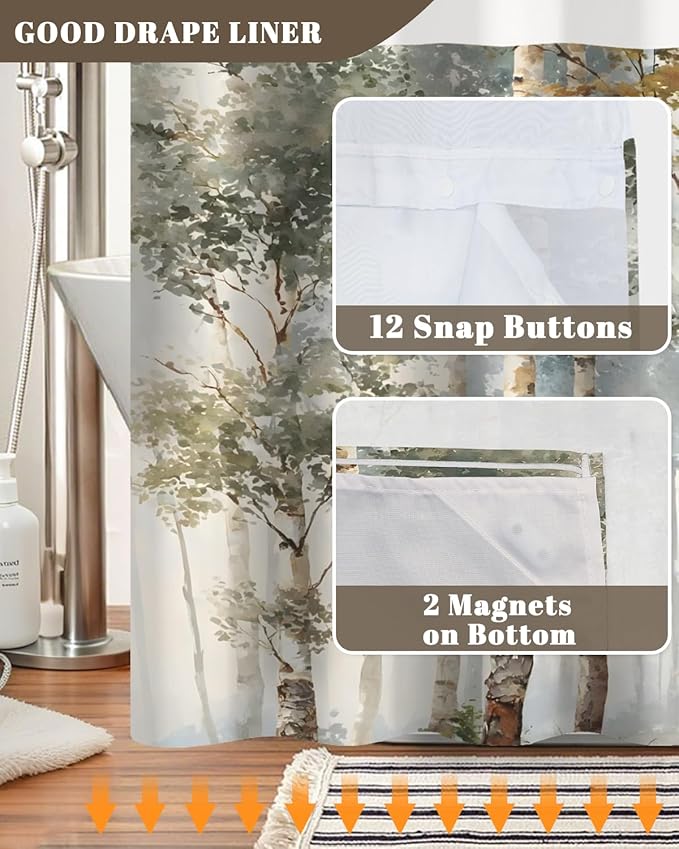 No Hook Bathroom Shower Curtain and Liner Set, Birch Tree Forest Print Double Layer Waterproof Fabric Bath Tub Curtain with Snap in Liner, See Through Top, 71 x 74 Inch