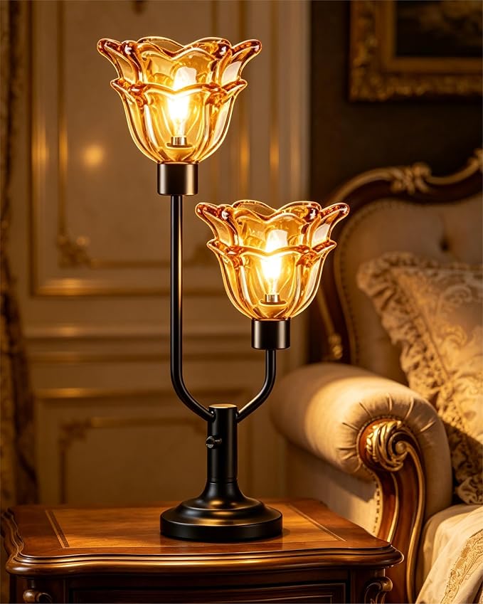 Lightdot Mid Century Modern Flower Table Lamp for Living Room Dimmable Nightstand Lamp Amber Glass Vintage Black Desk Lamp 2 Bulbs Included Warmwhite Ambient Bedside Lamp for Bedroom Home Office Decor