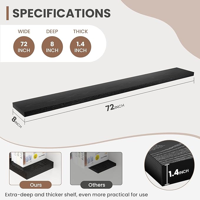 72 Inch Floating Shelves, 8 Inch Deep Floating Shelves for Wall, Hanging Shelf with Invisible Brackets, Deep Shelves for Bathroom, Bedroom, Living Room, Black, Set of 2
