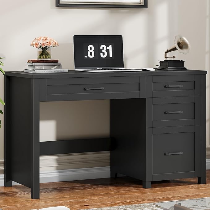 Vabches Farmhouse 47" Executive Desk, Computer Desk with File Drawer and Charging Station, Workstation for Home Office, Study,(Pure Black