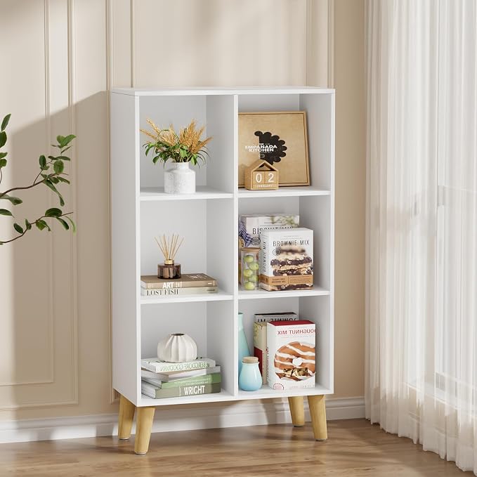 6 Cube Storage Organizer with Legs, 3 Tier Cube Low Bookcase Freestanding Storage Display Organizer for Home Office, Three-Cubes Open Shelf Short Bookshelf (White, 6 Cube Vertical)
