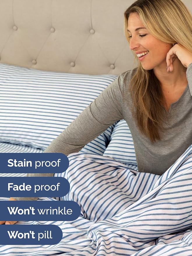 Extra Deep Twin Sheet Set - 4 Piece Breathable and Cooling Sheets - Hotel Luxury Bedding for Women, Men, Kids & Teens - Easy & Secure Fit - Soft and Wrinkle Free - Extra Deep Pockets - Blue Stripes