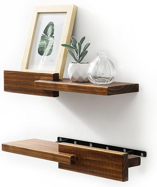 GRID FORTE Wood Floating Shelf Set of 2, 4.5D x 15W Inch Modern Reversible Wall Shelves, Minimalism Wall Mount Hardwood Shelves, Wall Decor for Bedroom Living Room Kitchen (Walnut)