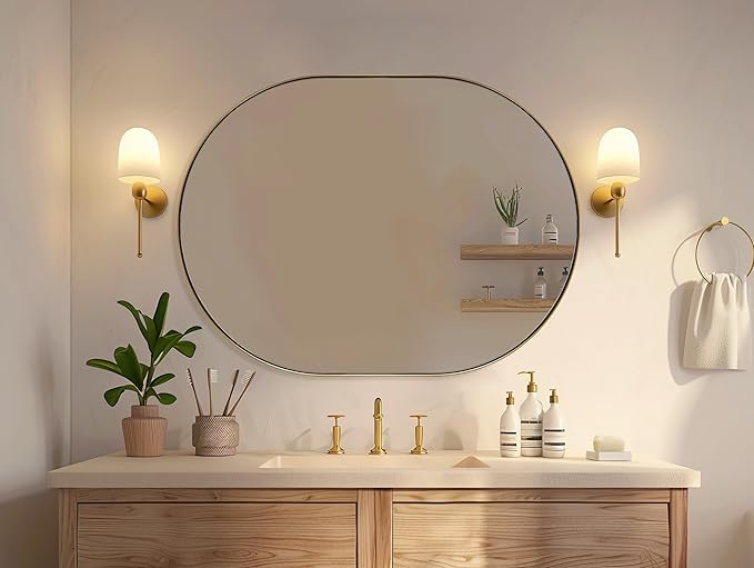 ANDY STAR 30x40'' Large Brass Oval Mirror, Brushed Brass Bathroom Mirrors Pill Shaped in Stainless Steel 1’’ Deep Wall Mounted Vertically & Horizontally