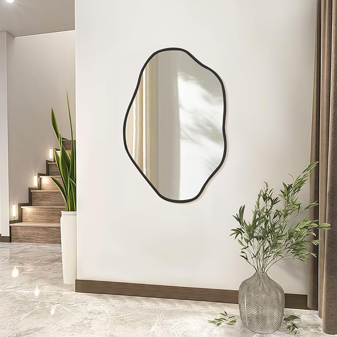 ULIKE Irregular Wall Mirror, 24x36 Inch Black Asymmetrical Mirror with Solid Wood Frame, Abstract Organic Shape Vanity Mirrors for Bathroom Bedroom Living Room Entryway