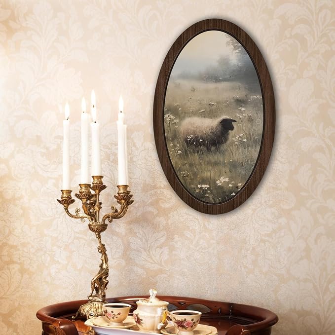 UYIKG Vintage Sheep Oval Wall Art,Rustic Farmhouse Cottagecore Lamb Oval Wall Decor,Farmhouse Country Black Sheep Wooden Framed Decor for Home Bedroom Living Room Reading Room 9x14.6 in