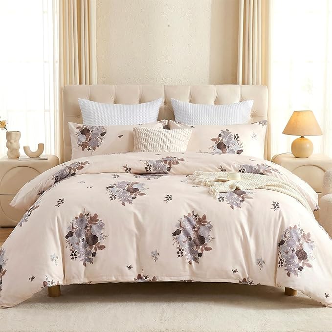 Cream Floral Duvet Cover Queen Size - 100% Cotton Comforter Cover Elegant Flower Botanical Duvet Cover Sets 3-PC, Breathable Duvet Cover with Zipper Closure & Corner Ties