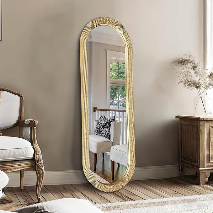 WAMIRRO Gold Oblong Wood Mirror, 47X16 Inch Hand Carved Solid Wood Capsule Frame Oval Mirror for Wall Mount, Farmhouse Boho Decor for Living Room, Bathroom, Bedroom, Hallway & Entryway