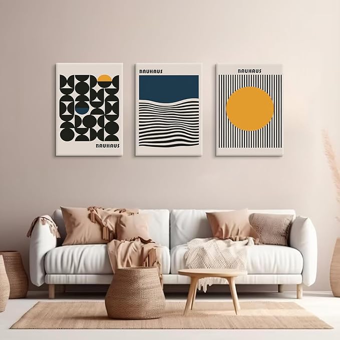 3Pcs Bauhaus Style Wall Art Bohemian Abstract Wall Decor Minimalist Canvas Mid Century Moderngeometry Poster Prints Painting Picture Suitable for Living Room Bedroom （12x16 Canvas）