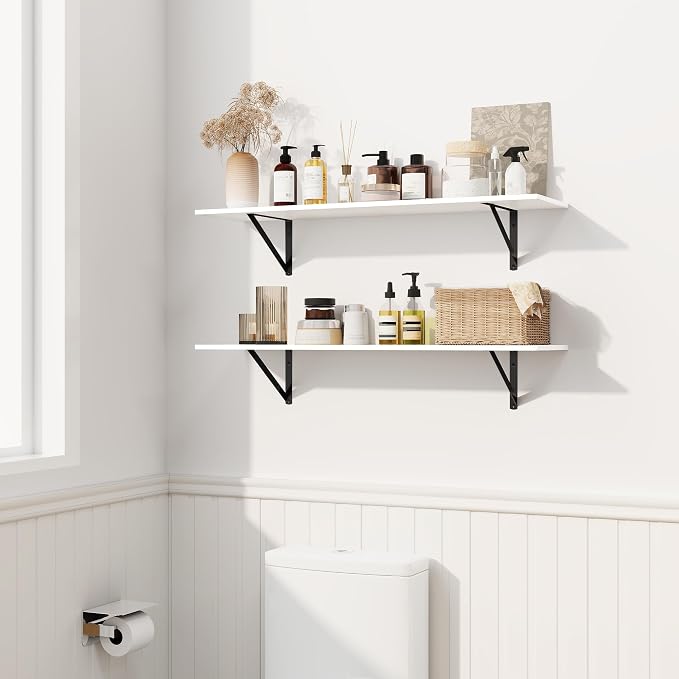 Fun Memories Deep Floating Shelves for Wall, 24W x 8D Wall Mounted Shelves Set of 2, Wide Display Ledge Shelf with Sturdy Metal Brackets for Living Room, Bathroom, Bedroom and Kitchen, White