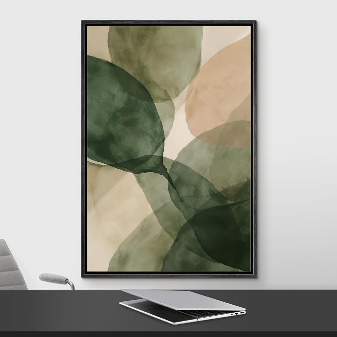 Woodrose Framed Canvas Print Wall Art Abstract Organic Shapes Soft Green and Beige Watercolor Illustrations Modern Art Minimalist 3D Colorful Ultra for Living Room, Bedroom, Office - 16"x24" BLACK