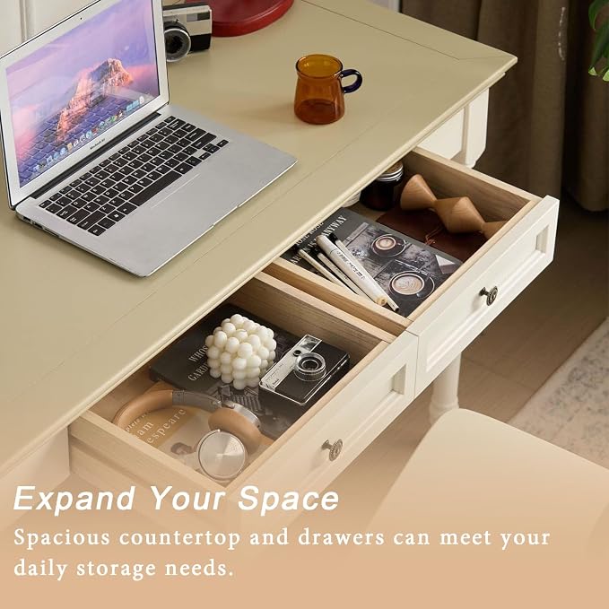 ADORZ Writing Desk with Drawers, 47 Inch French Country Desk Solid Wood Writing Desk for Home Office, Study Workspace or Bedroom (Off-White, 47 inches)