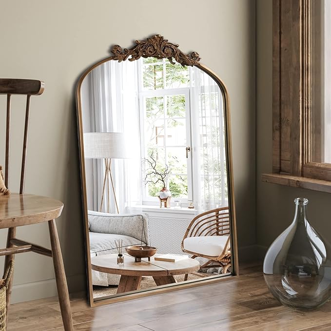 Gold Brass Mirror for Wall,Gold Traditional Vintage Ornate Baroque Mirrors,Victorian Antique Bronze Mirrors with Full Matel Frame,Arched Mirror for Entryway/Bathroom/Fireplace 24"X36"