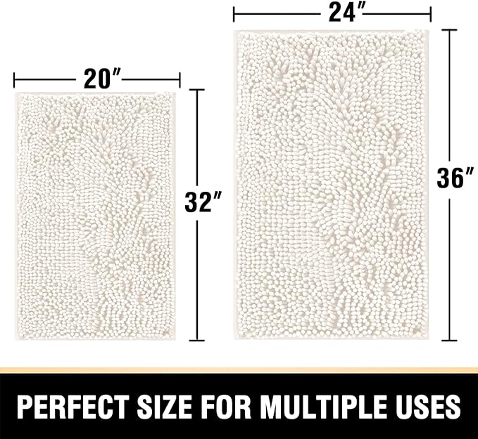 H.VERSAILTEX Bath Mats for Bathroom Non Slip Luxury Chenille Bathroom Rugs Extra Soft Absorbent Shaggy Mat Rugs Washable Fast Dry 2 Piece (Ivory, 24" x 36"/20" x 32")