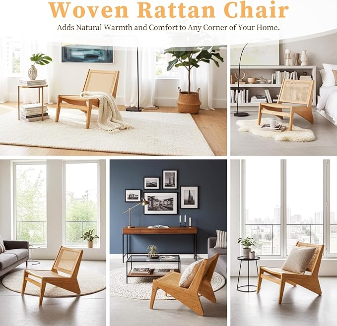 Furlide Rattan Accent Chair for Living Room, Mid Century Side Chair, Comfy Bamboo Chairs for Bedroom Reading Room, Wood