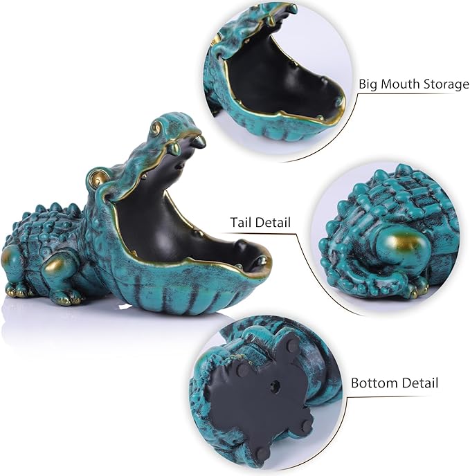 Alligator Statue Key Bowl, Fun Animal Statue Candy Dish for Entryway Decorative Bowl, Office Candy Dish, Big Mouth Sculpture Home Living Room Trinket Container Storage Box (Green)