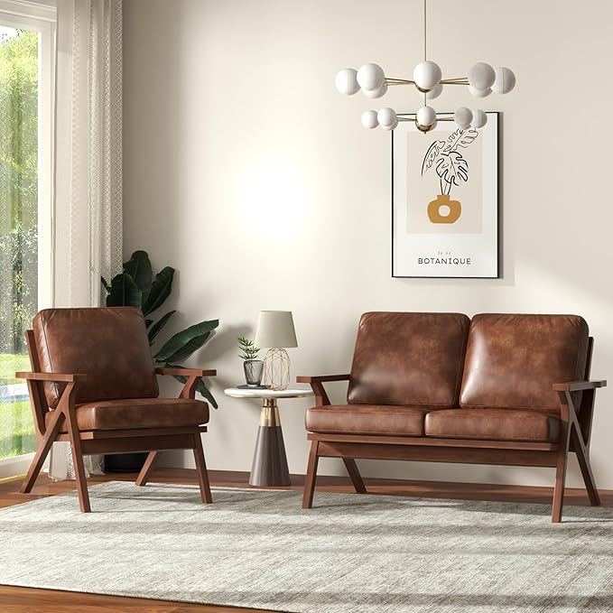 Bonzy Home Faux Leather Accent Chair for Living Room,Upholstered Armchair with Cushions and Solid Wood Frame, Mid-Century Modern Lounge Chair for Bedroom or Office,Brown