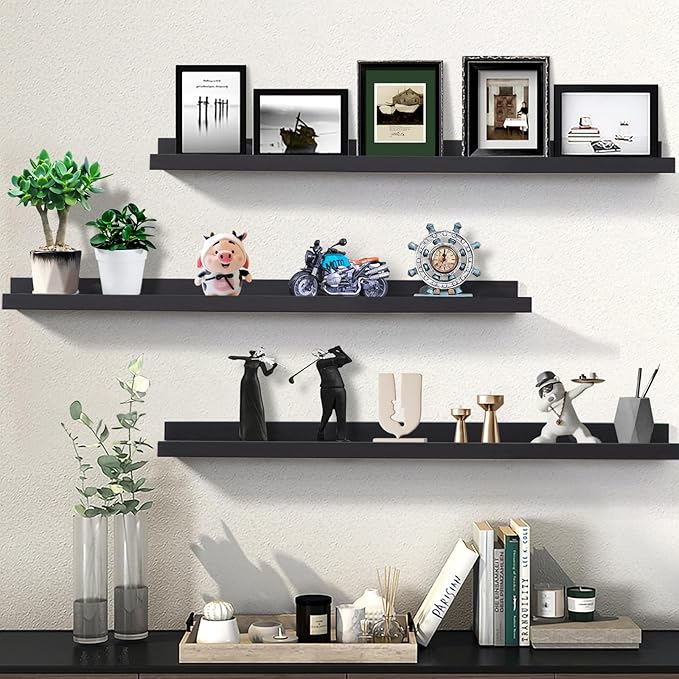 AZSKY Floating Picture Ledge Shelves for Wall Set of 3, 36 Inch Photo Shelves with Lip Long Large Nursery Book Shelf for Storage Bookshelf Wall Mounted Living Room Bedroom Decor Frames