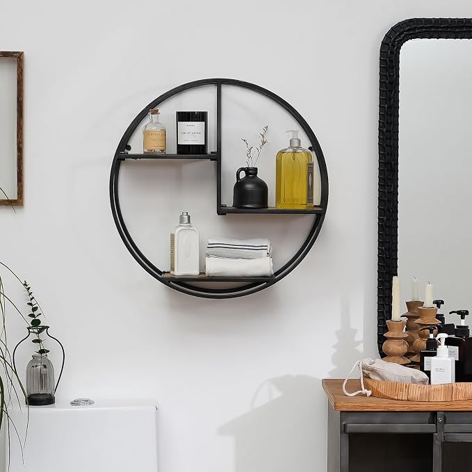 Industrial Style Round Wall Shelves - 3 Tier Metal Hanging Circle Floating Shelves for Bathroom Living Room Wall Decor, 21 Inch