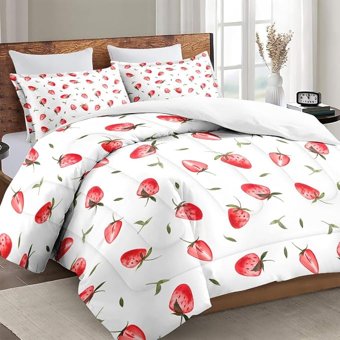 Comforter Set with Pillowcase Twin Size, Cute Red Strawberry Fruit, Bed Decor Pink Strawberries Party Girly for Kids and Adults, Soft Cozy Bedroom Bedding Set