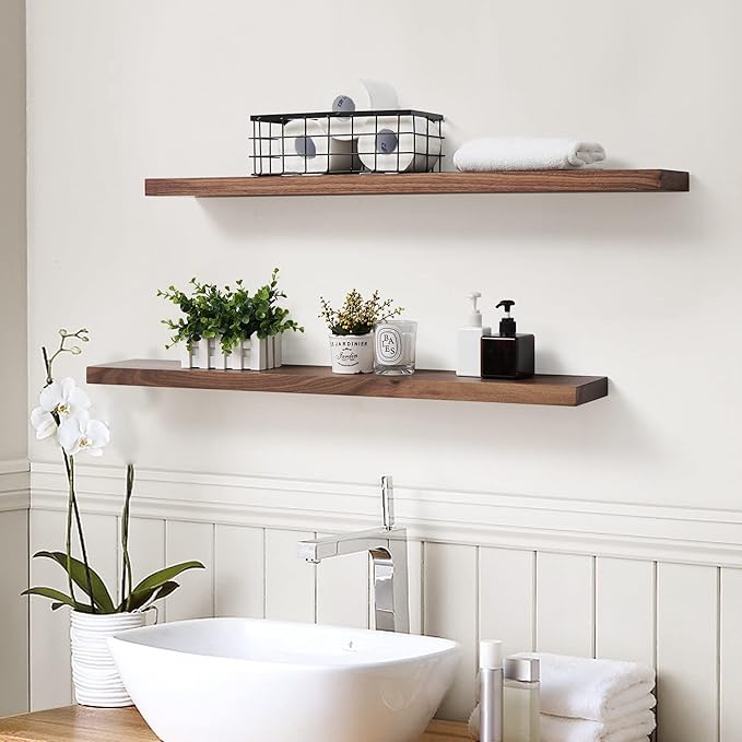Axeman Floating Shelves Walnut | 36 Inch Wide x 6 Inch Deep Solid Walnut Wood Shelves Set of 2 - Natural Wooden Shelves for Room Wall Decor
