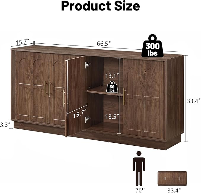 LKTART Sideboard Buffet Cabinet with Storage, Modern Credenza Accent Console Cabinets with Arched Doors, Kitchen Buffet Cabinet for Living Room Dining Room Entryway, Walnut