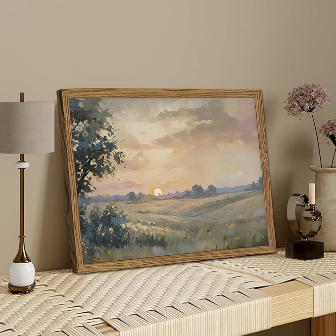 Vintage Sunset Wall Art Rustic Cottagecore Landscape Wall Decor Fall Country Nature Painting Artwork 3D Textured Sandstone for Living Room Bedroom 16x24 Inch Wood Framed