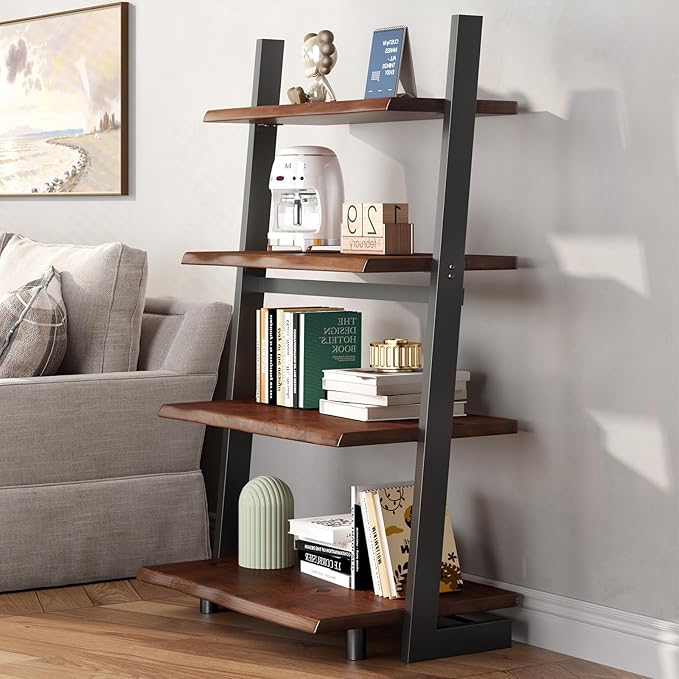 IBF 4-Tier Solid Wood Ladder Bookshelf with Natural Live Edge, Rustic Walnut Storage & Display Leaning Bookcase, Modern Space-Saving Shelf for Living Room, Bedroom, Home Office