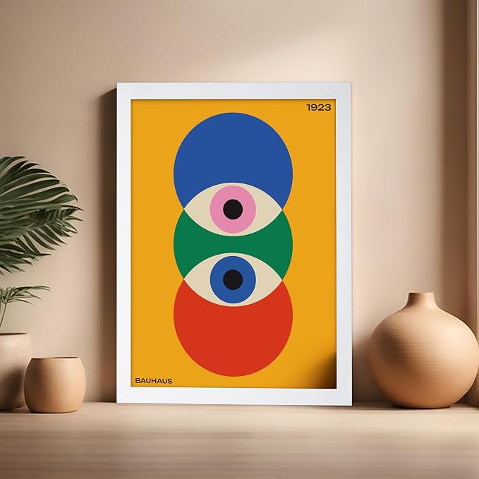 Poster Master Bauhaus Poster - Abstract Eyes Print - Graphic Design Art - Eye Art - Geometric Art - Chic Boho Art - Mid Century Modern Art - Living Room or Bedroom Wall Decor - 16x20 White Framed