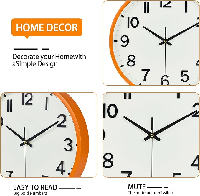 Wall Clocks Battery Operated 12 inch Modern Wall Clock,Silent Non Ticking Wall Clock for Living Room Bedroom Kitchen Office Classroom Decor (Beige and Orange)