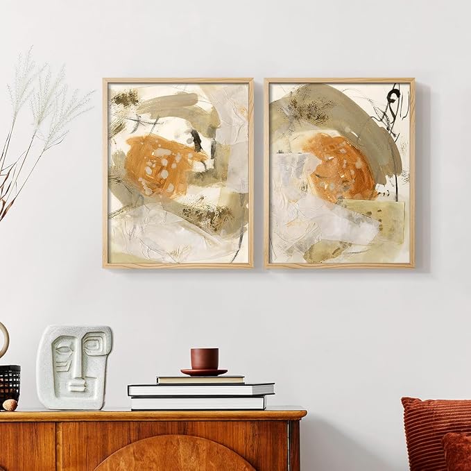 Renditions Gallery Set of 2 Peel & Stick Framed Prints, Neutral Abstract Wall Art, Earthy Tones Blended Brushstrokes Wall Decor, Re-Stickable - Ready to Hang - 16"x20" - NATURAL WOOD Frame LT588