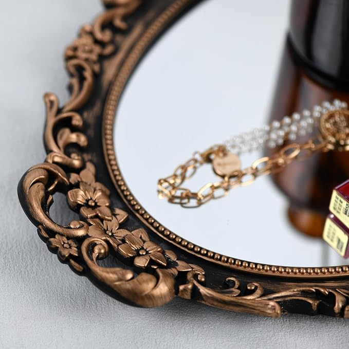 Tstarer Vintage Decorative Gold Framed Mirror, Wall Hanging Mirrors & Tabletop Tray for Bedroom Living Room Dresser Decor, Oval- 9.6" W x 14.3" L (Bronze)