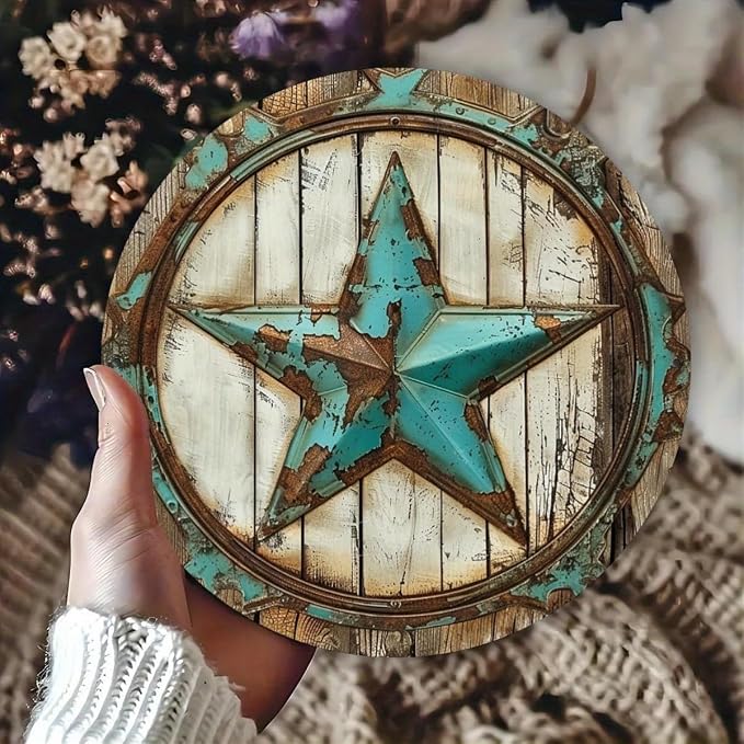 1pc Rustic Texas Star Iron Wall Art, 8" Round Metal Tin Sign, Vintage Decor, No Electricity Needed, with Ideal Gift and Scrapbooking Accessory for Home, Cafe, Apartment, Restaurant