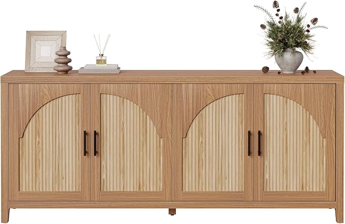 Bestier 70" Sideboard Buffet Cabinet with Storage, Boho Credenza Storage Cabinet, Farmhouse Arch Fluted Doors & Adjustable Shelves, Wood Long Buffet Cabinet for Living Room, Entryway, English Oak