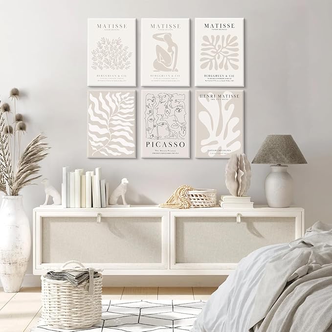Henri Matisse Wall Art Prints Flower Abstract Canvas Pictures Aesthetic Beige Wall Art Decor Matisse Picasso Poster Gallery Vintage Painting Artwork for Bedroom 8x10 Inch Set of 6 Ready to Hang