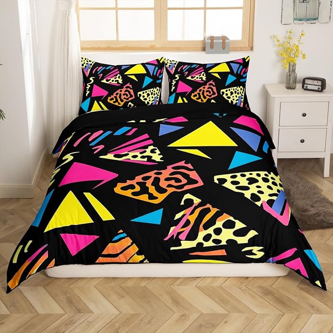 Retro 80s Style Bedding Set Queen,Abstract Geometric Pattern Duvet Cover Urban Modern Design With Circles And Triangle Comforter Cover Colorful Pop Art Inspired Pattern Quilt Cover For Boys Child